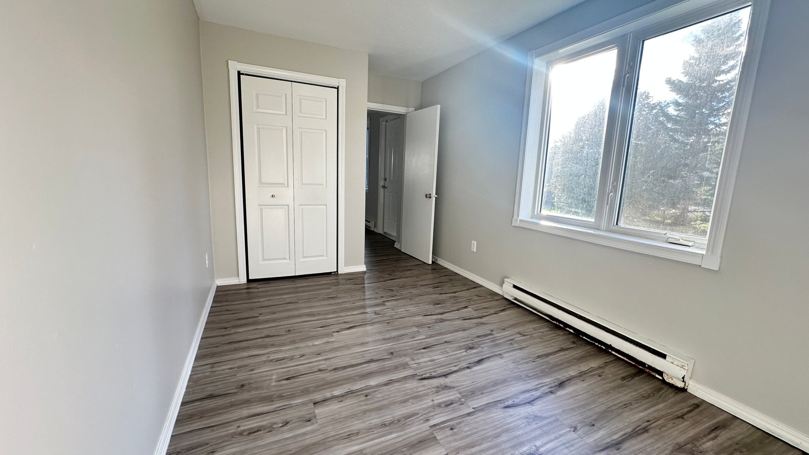 a room with a wood floor and a door